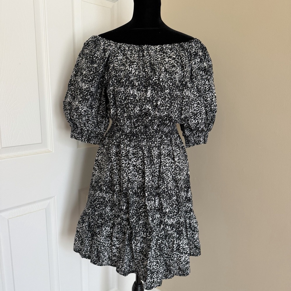 Gap Womens Midi Dress Smocked Black & White Puff Sleeve Cottage (M) Peasant Cute